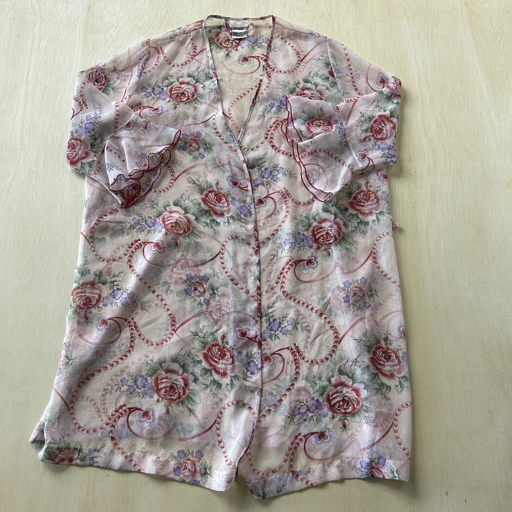 Vintage Secret Treasures Kimono Robe Womens Size Pink Floral Chiffon Sheer